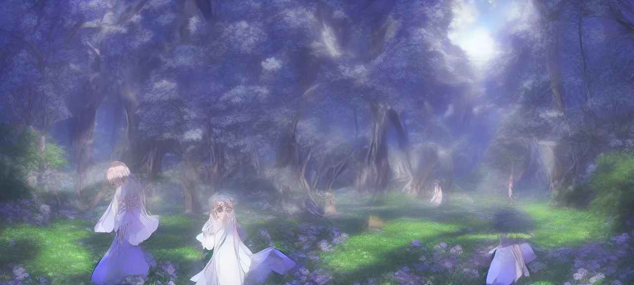 Image similar to illyasviel walking through enchanted ghibli clover | Big Moon at Blue Night | Trees with white flowers | bioluminescent blue FLOWERS | strong blue rimlit | visual-key | anime illustration | highly detailed High resolution | Light Novel | Visual Novel | In the style of Miyama-Zero, Yuuki Hagure