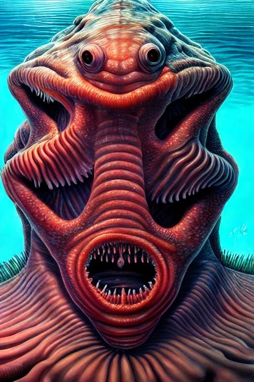 Image similar to hyperrealistic close-up surrealism underwater creature monster!! highly detailed concept art eric zener elson peter cinematic hard lighting high angle hd 8k sharp shallow depth of field, inspired by David Paul Cronenberg and Zdzisław Beksiński