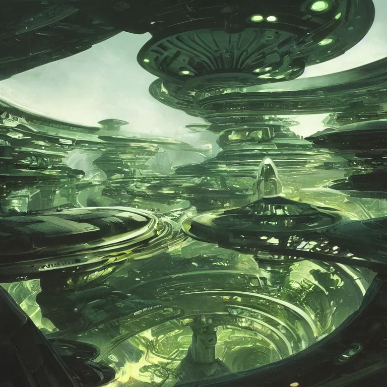 Image similar to beautiful matte painting of green gardens on a futuristic sci-fi space station, cinematic angle, cinematic lighting, by Syd Mead, John Harris, Federico Pelat