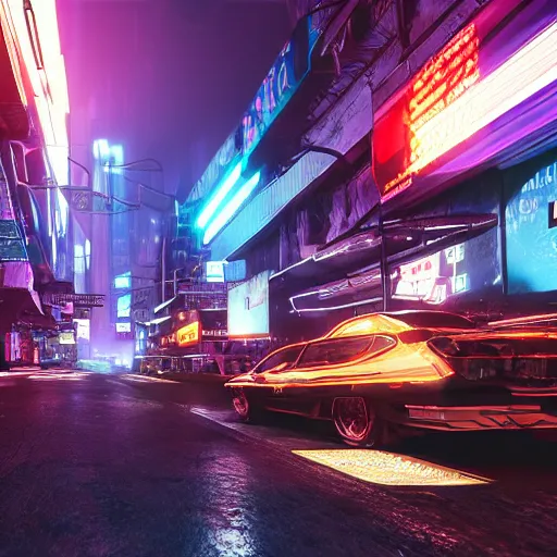 Image similar to a 3 d rendered in unreal engine guatemalan cyberpunk city with neon ads and signs with evocative dramatic mood with blade runner vibe with cars with motion blur with depth of field with bloom with lightshaft with volumetric lights, fog, by scott robertson, oscar winning graphics, photo realistic, bloom, imax, dynamic lighting, artstation, 3 d video game