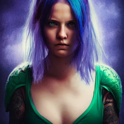 Prompt: portrait of young girl half dragon half human, dragon girl, dragon skin, dragon eyes, dragon crown, blue hair, long hair, highly detailed, cinematic lighting, by Robert Eggers