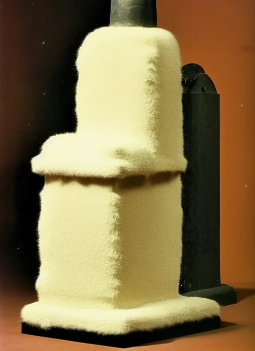 Image similar to realistic photo of a a medieval temple astronomy appliance pump, made of mustard wood white clay fluffy fur black plastic 1 9 9 0, life magazine photo, natural colors, museum collection