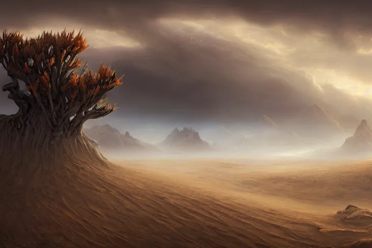 Image similar to cinematic fantasy landscape painting by jessica rossier, primordial and cosmic, desert valley of bones, an autumn maple bonsai growing alone, on a desolate sand dune surrounded by storm tossed waves hr giger