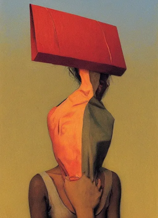 Prompt: woman with a paper bag over the head and a sward Edward Hopper and James Gilleard, Zdzislaw Beksinski, highly detailed