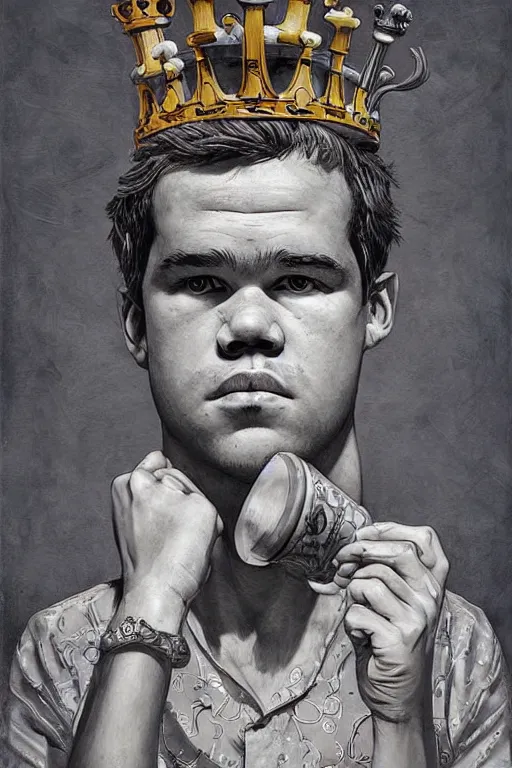 Image similar to magnus carlsen as supreme king of chess, a surrealist painting by james jean, trending on cgsociety, pop surrealism, androgynous, grotesque, angular