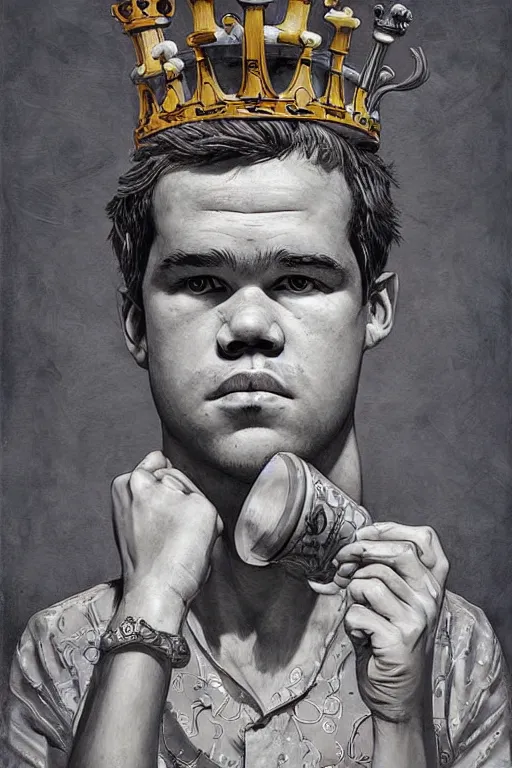 Prompt: magnus carlsen as supreme king of chess, a surrealist painting by james jean, trending on cgsociety, pop surrealism, androgynous, grotesque, angular