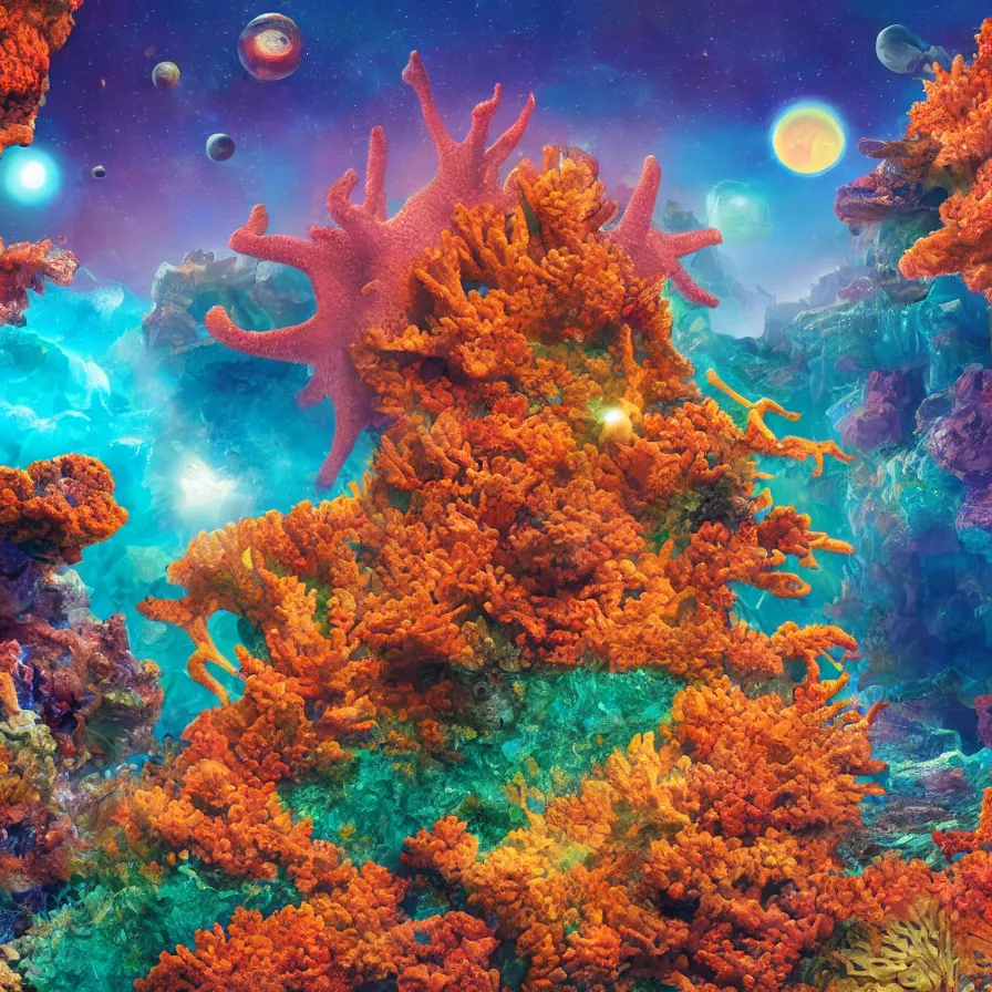 Prompt: album art of an alien planet made out of different coloured corals, with big starfish, creatures, rocky landscape, floating waterfalls, omni magazine, cinematic lighting, detailed