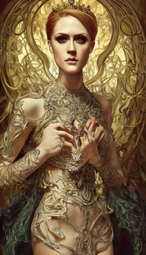 Image similar to a oil painting of a evan rachel wood queen, cute, fantasy, intricate, elegant, highly detailed, centered, digital painting, artstation, concept art, smooth, sharp focus, illustration, art by artgerm and h r giger and alphonse mucha