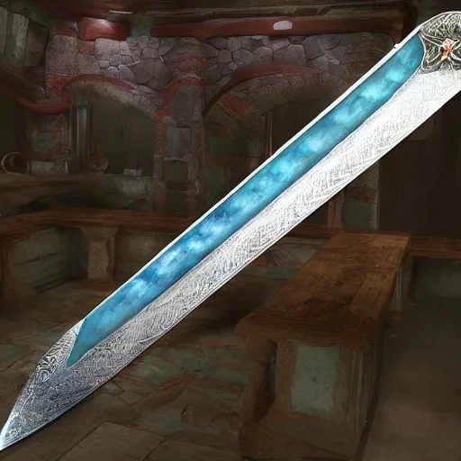 Image similar to A huge two-handed sword with a wavy blade and large cross guard, nearly six feet long. The blade has a faint blue sheen, and radiates a sense of unease. Photorealistic