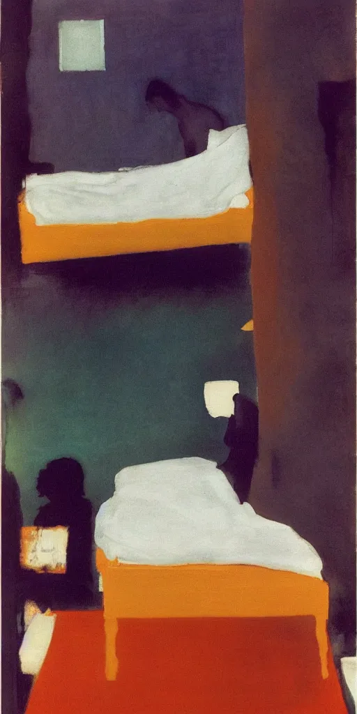 Prompt: lovers melting into bed, sleepers, embrace, dreaming bodies, void of darkness, polaroid film, Edward Hopper, vibrating eerie palette of Mark Rothko, Peter Doig