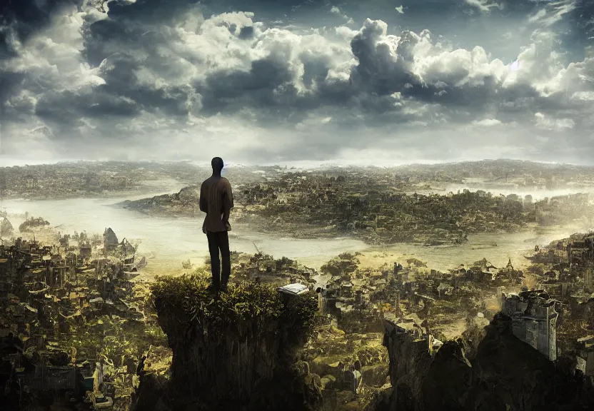 Image similar to “king, looking over his civilization from the top of the hill, digital art, award winning, 4k”