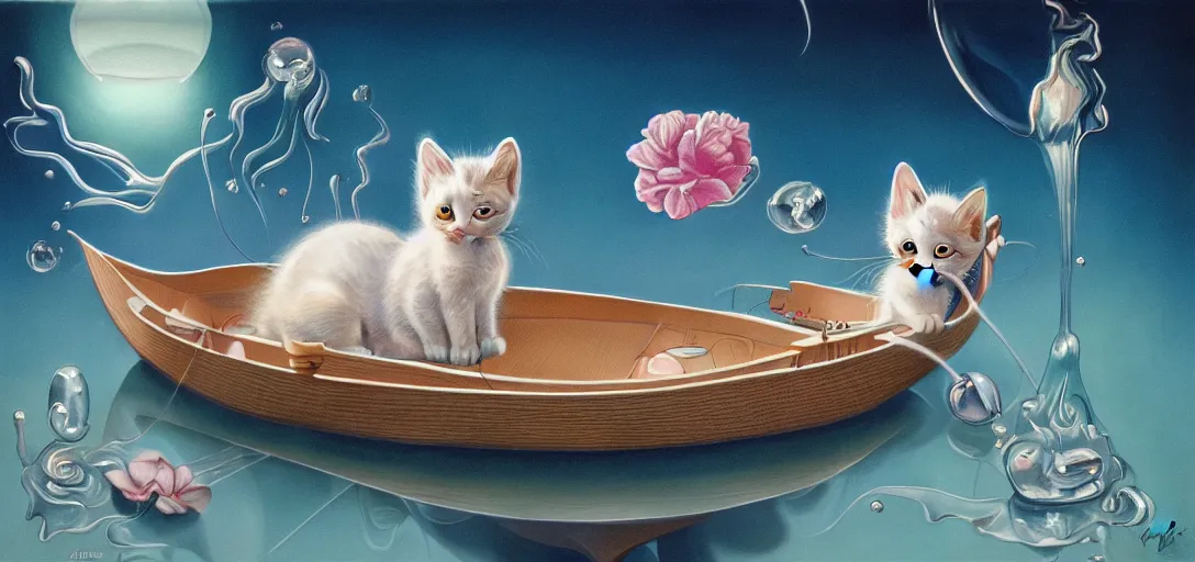 Image similar to a kitten in a boat, translucent and hyperrealistic and ultra - detailed in the style of roger dean, jin kagetsu, james jean, chris cunninham, hans bellmer and wlop, bloom, glow, reflection, refraction, matte, glossy, smooth, emissive material