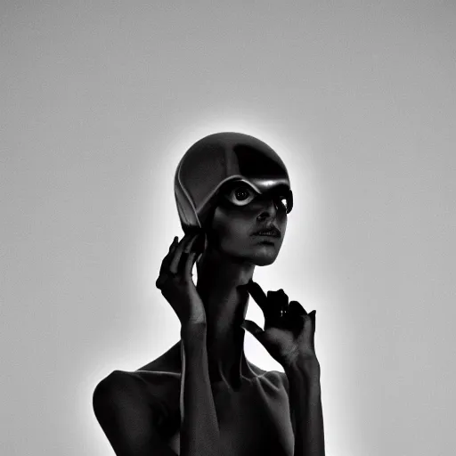 Image similar to fashion photography of a genderless alien model, full body, futuristic dark fashion, photo 3 5 mm leica, hyperdetail, berghain, 8 k, very detailed, black and white