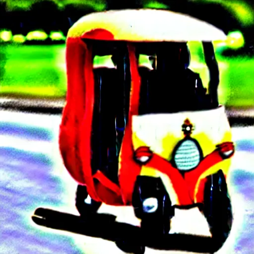 Image similar to a flying tuk tuk