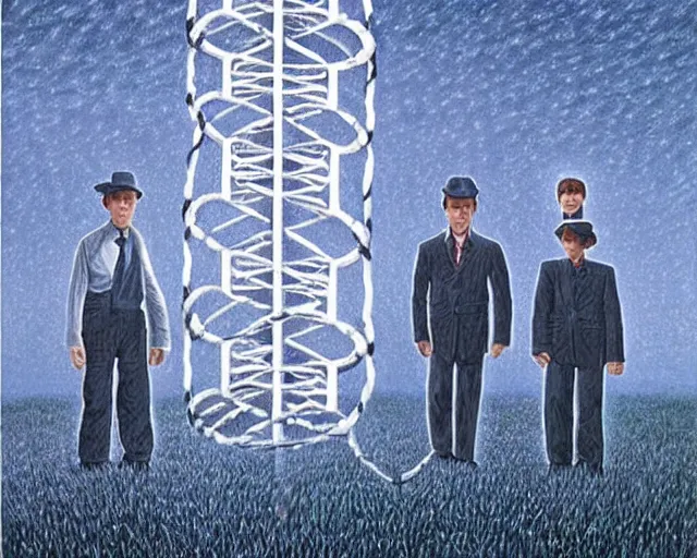 Image similar to in a field, two scientists in lab coats encounter a monster shaped like the DNA double helix, stormy weather, by Rob Gonsalves