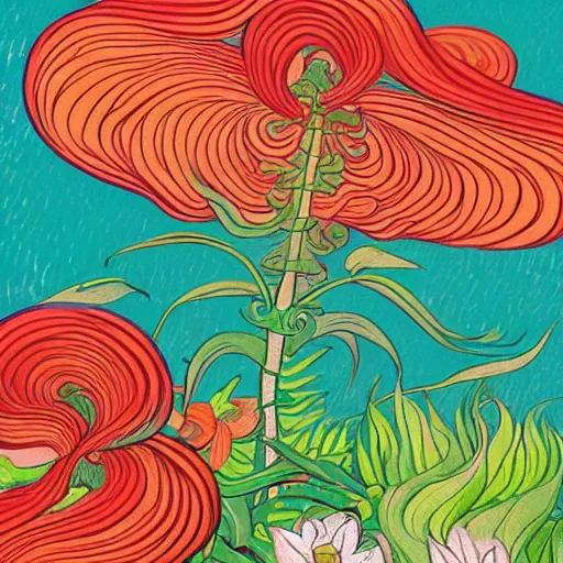 Prompt: a colorful illustration of a plant growing coffee, under a rainbow and magnificent flowers, detailed patters, in the style of Japanese illustration, Van Gogh, Matisse, Caravaggio, trending on artstation
