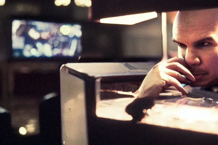 Prompt: pitbull using a computer while trapped in a pinball machine, over the shoulder perspective, in 1 9 8 5, y 2 k cybercore, industrial low - light photography, still from a kiyoshi kurosawa movie