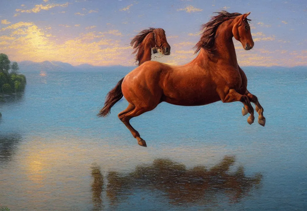 Prompt: flying horse on the water with stunning reflection in the style of thomas kinkade