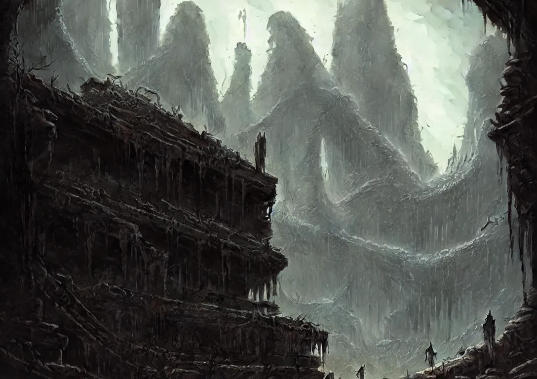 Image similar to lost traveller is exploring lost ruins, close - up on the traveller, there are ruins of ancient civilization!!!, ultra high definition, ultra detailed, symmetry, sci - fi, dark fantasy, in style of heavy metal comic, dark and horror style, metal by greg rutkowski and ross tran