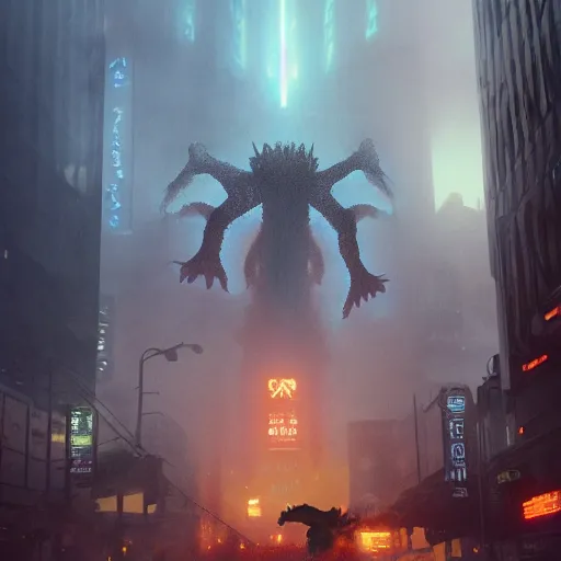 Image similar to a frogish kaiju attacking a city, legendary epic shot, blade runner, pacific rim, by artgerm, cloverfield movie, julie bell, beeple and Greg Rutkowski, airbrush, concept art, matte painting, 80s, Smooth gradients, octane render, 8k, High contrast, duo tone, depth of field, volumetric lightning, very coherent artwork