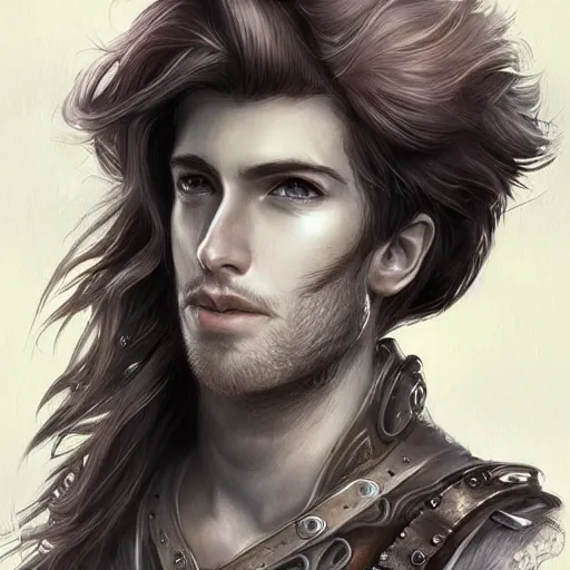 Image similar to rugged young ship captain standing before his airship, male, handsome, masculine, red hair, long hair, soft hair, fantasy, intricate, elegant, highly detailed, steampunk, digital painting, artstation, concept art, character art, smooth, sharp focus, illustration, art by artgerm