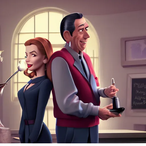 Image similar to humphrey bogart and lauren bacall, pixar style disney style. Octane render, studio lighting.