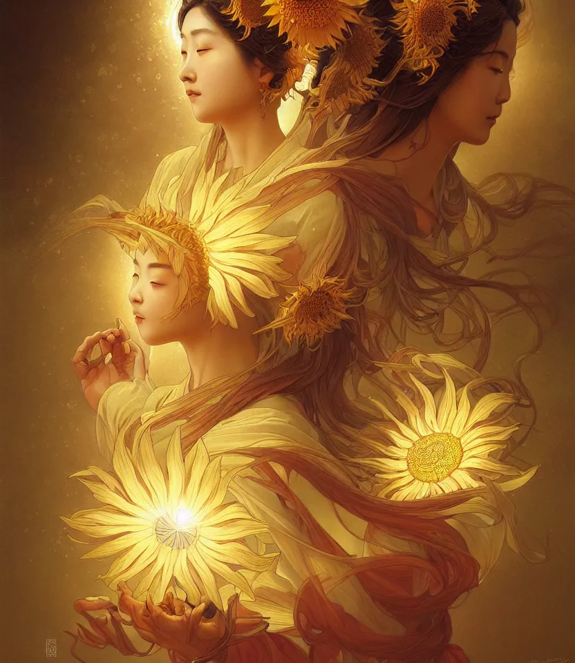 Prompt: sacred sunflowers, chinese goddess, emiting mystical light, intricate, elegant, highly detailed, my rendition, digital painting, artstation, concept art, smooth, sharp focus, radiant light, illustration, art by artgerm and greg rutkowski and alphonse mucha