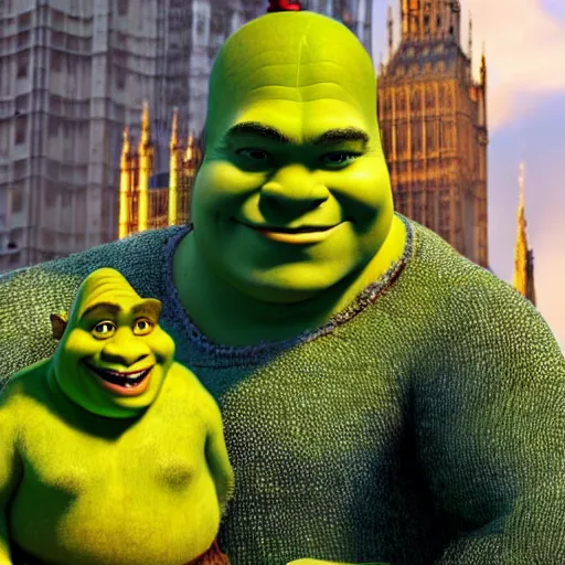 Prompt: shrek with a hammer next to the big ben