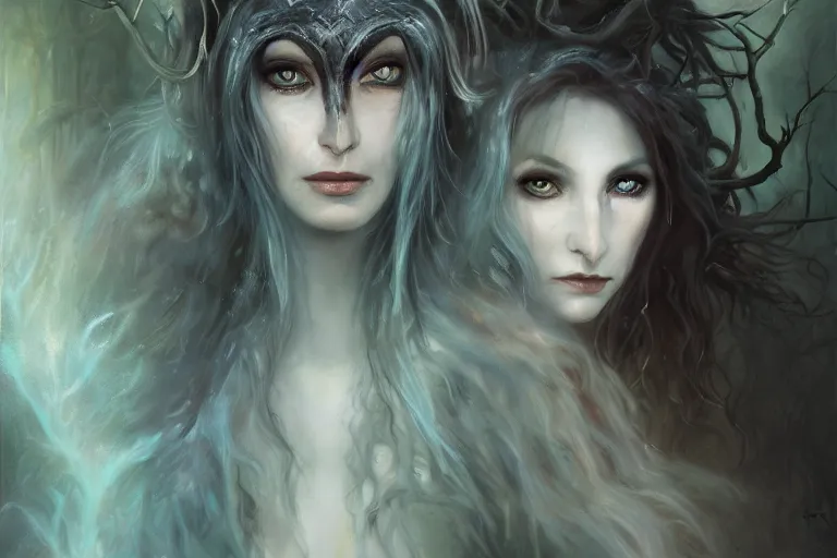 Image similar to cinematic painting, portrait of a dryad, fey, mysterious, she's emerging from shadow, face partially hidden by a hooded cloak, ice blue eyes, determined expression, maenad, autumn forest, cinematic fantasy painting, trending on art station, hard focus, cinematic lighting, ominous shadows by brian froud and jessica rossier and gaston bussiere