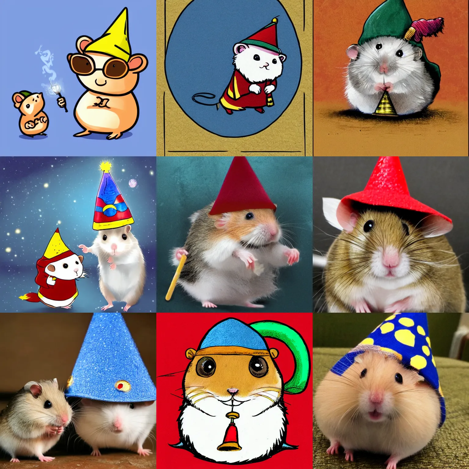 Prompt: Hamster in a Wizard Hat, fighting Harry Potter