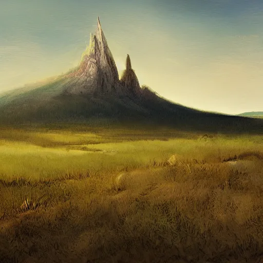 Image similar to a wide angle landscape of a prairie with a very large thin spire mountain in the distance, in the style of rococo, digital painting