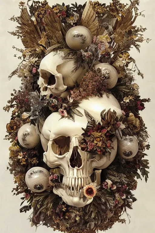 Prompt: A fallen icarus with a giant cyclops eye and golden wings in the form of a Greek sculpture, marble white elk skull, wreath of flowers and abstract eyes, bouquet of bones, many large flying eyes, silk, fabric, birds, flowers. baroque elements, human skull. full-length view. baroque element. intricate artwork by caravaggio. many many birds birds on background. Trending on artstation. halo. octane render, cinematic, hyper realism, octane render, 8k, depth of field, 3D