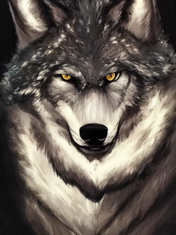 Image similar to 3/4 headshot of cute anthro wolf man, handsome, fantasy, intricate, long muzzle, wolf ears, fursona, black fur, elegant, highly detailed, digital painting, artstation, concept art, smooth, sharp focus, illustration, art by artgerm and greg rutkowski and alphonse mucha red wall in background