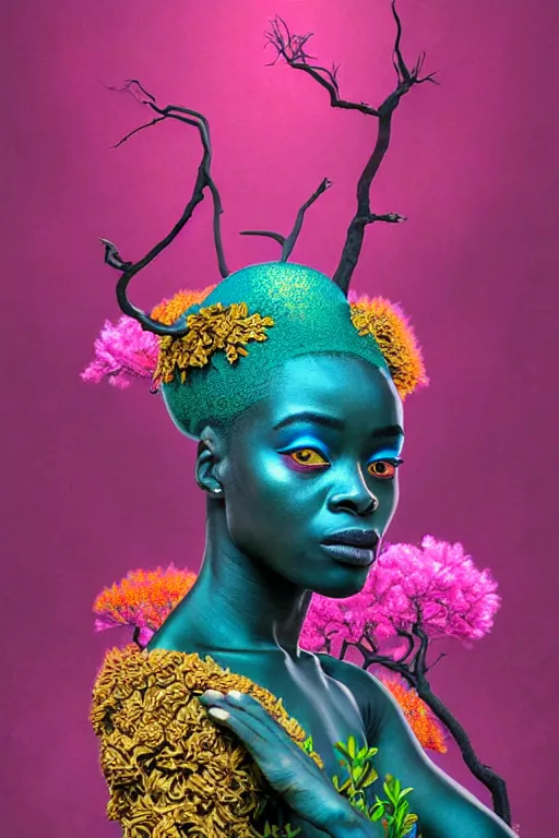 Image similar to high quality photo neo - rococo cinematic super expressive! yoruba goddess with exoskeleton armor, merging with tree in a forest, pink yellow flowers, highly detailed digital art masterpiece, smooth etienne sandorfi eric zener dramatic pearlescent soft teal light, ground angle hd 8 k, sharp focus