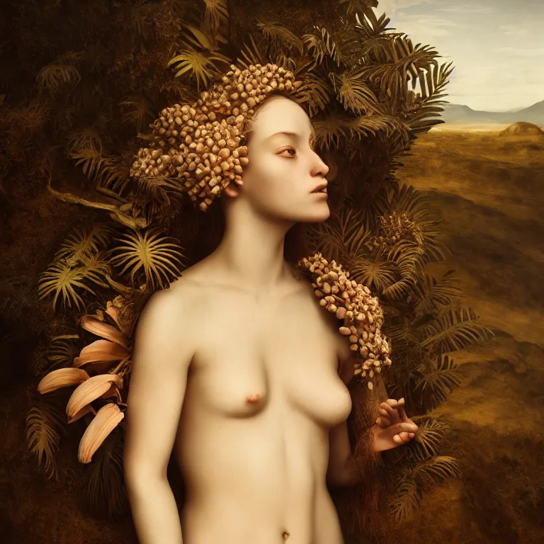 Prompt: tropical plant eating young white woman, in desert, dune, baroque painting, beautiful detailed intricate insanely detailed octane render trending on Artstation, 8K artistic photography, photorealistic, chiaroscuro, Raphael, Caravaggio