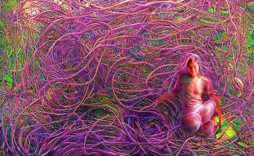 Image similar to a person trapped in the fetal position inside of extremely thick iridescent vines intertwined, central circular composition, high saturation, epic lighting, in the style of Peter gric and Amanda Sage 8k