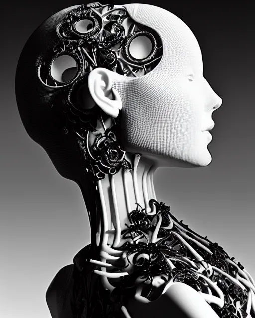 Image similar to black and white dreamy foggy profile face portrait, cyclope biomechanical beautiful young female cyborg - robot bust, body ribs meshes,, volumetric light, hibiscus flowers, by hg giger, rim light, by dora maar and cecile beaton, big gothic fashion pearl embroidered collar, 8 k