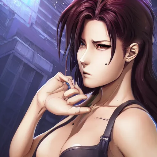 Image similar to a portrait of revy from black lagoon manga, symmetrical eyes, symmetrical face, art by lois van baarle and loish and ross tran and rossdraws and sam yang and samdoesarts and artgerm, digital art, highly detailed, intricate, sharp focus, trending on artstation hq, deviantart, unreal engine 5, 4 k uhd image