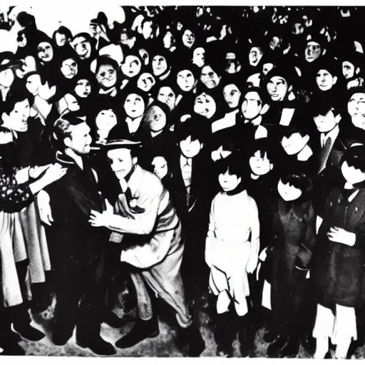 Image similar to vintage photograph of aliens being welcomed by humans in japan, 1 9 3 4