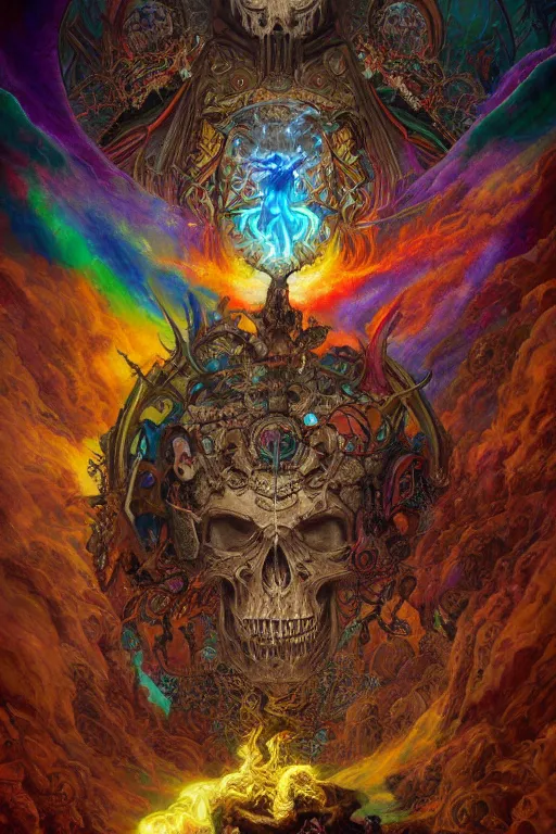 Image similar to gigantic psychedelic demonic cosmic skull of death and fire of outer space, fantasy painting, ultra realistic, dmt, wide angle, art nouveau, intricate details, digital painting, rainbowshift, vivid colors, highly detailed by peter mohrbacher, h. r. giger, maxfield parrish, craig mullins, octane render, cgi