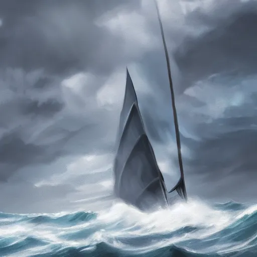 Image similar to sailboat in stormy waters, dark clouds, huge waves, gloomy, overcast, moody atmospheric, storm clouds, lightning illuminating sails, concept art, detailed, artstation award