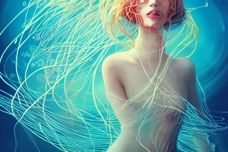 Image similar to jellyfish and sea creatures swimming around beautiful woman body, elegant, highly detailed, smooth, sharp focus, trippy, dmt, psychedelic, illustration, beautiful, geometric, trending on artstation, cinematic, artwork by WLOP