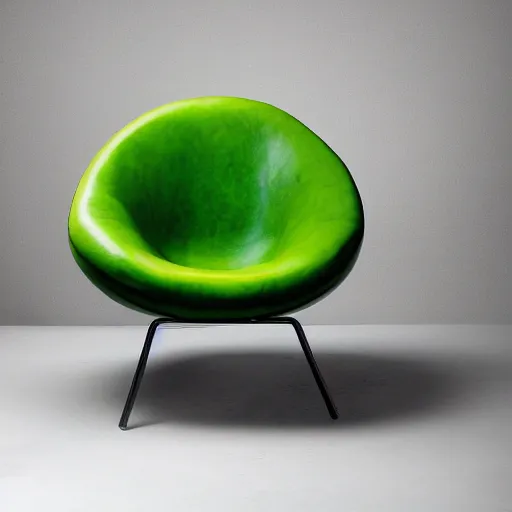 Image similar to an avacado chair, an armchair that looks like an avacado with green leather and seed yolk, award winning design, studio lighting, advanced photography, beautifully lit