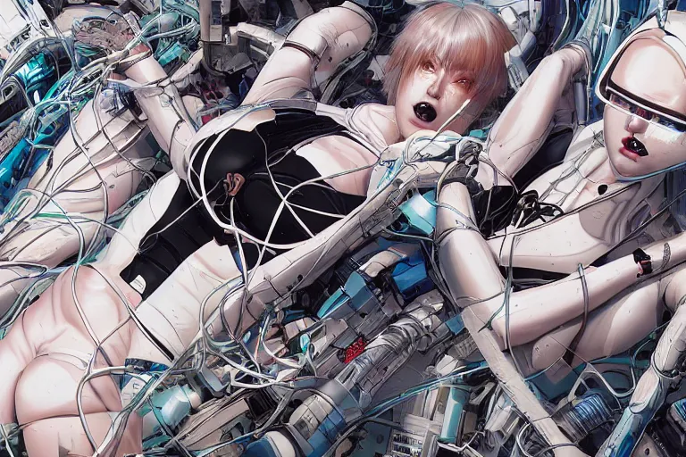 Image similar to a finely composed cyberpunk illustration of a group of white female androids' in style of hajime sorayama, lying on an abstract, empty, white floor with their body parts scattered around and cables and wires coming out, by katsuhiro otomo and masamune shirow, hyper-detailed, colorful, view from above, wide angle, close up, spacious