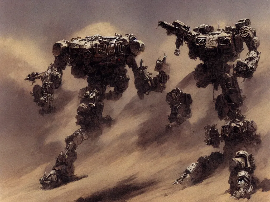 Prompt: mecha in a sandstorm by Frank Frazetta