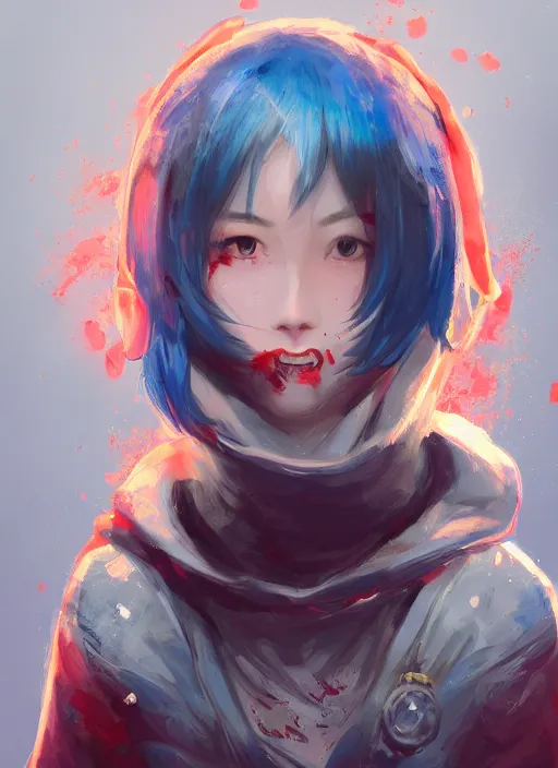 Image similar to a highly detailed illustration of short hair cute japanese girl wearing blood stained blue hoodie with the word nevada on it, dramatic smile pose, intricate, elegant, highly detailed, centered, digital painting, artstation, concept art, smooth, sharp focus, league of legends concept art, WLOP