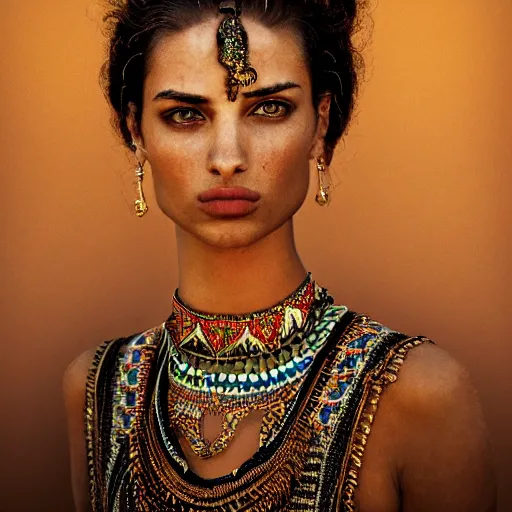 Image similar to portrait of a stunningly beautiful middle eastern tribal female, depth of field, zeiss lens, detailed, symmetrical, centered, fashion photoshoot, by Annie Leibovitz and Steve McCurry, David Lazar, Jimmy Nelsson, Breathtaking, 8k resolution, extremely detailed, beautiful, establishing shot, artistic, hyperrealistic, beautiful face, octane render