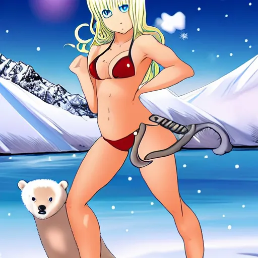 Prompt: bicolor - eyed blonde muscular anime girl in bikini riding a polar bear in the snowy mountains background