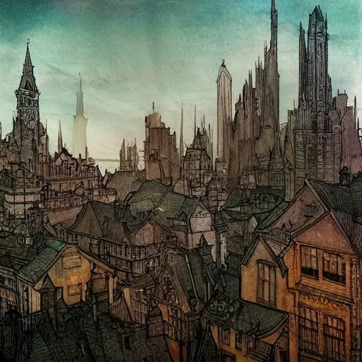 Image similar to A beautiful painting of a cityscape. The different colors and shapes represent different parts of the city. daguerreotype, bismuth by Chris Mars, by Arthur Rackham Trending on artstation, vfx