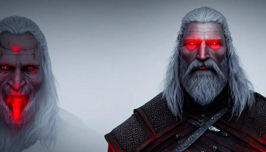Prompt: a digital art portrait of an old pale warrior with glowing red eyes and grey beard character design from dark souls, old witcher character sheet, 4 k, ultra detail, volumetric lighting, unreal engine, octane render